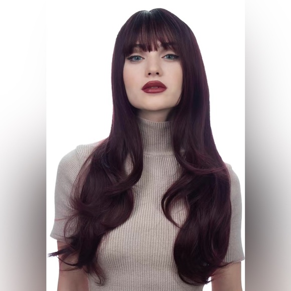 25 inch Burgundy with Dark Roots Synthetic Fiber Wig - Picture 2 of 7